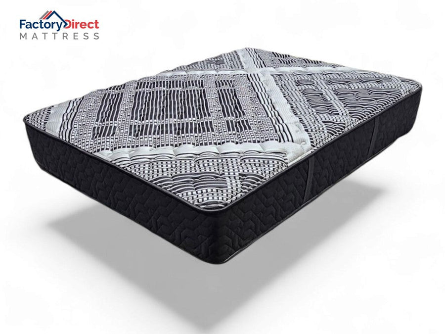Mattress with black and white patterned cover on a white background, featuring Factory Direct Mattress branding.